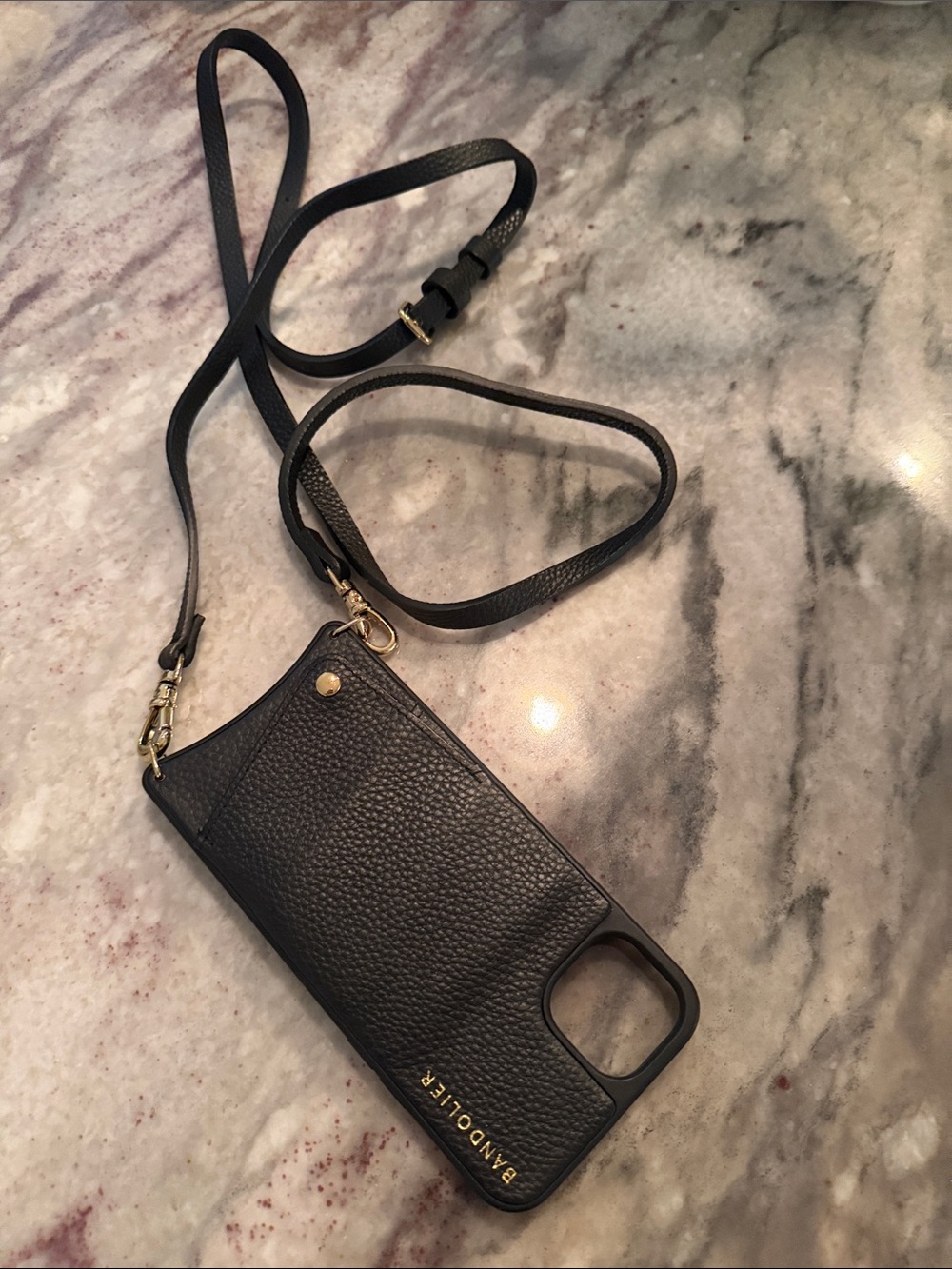 Bandolier Black Leather Wristlet Phone Case with Gold Hardware